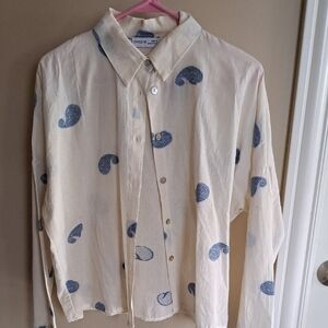 Cream Linen Button-Up Shirt with Blue Paisley Design Size S
